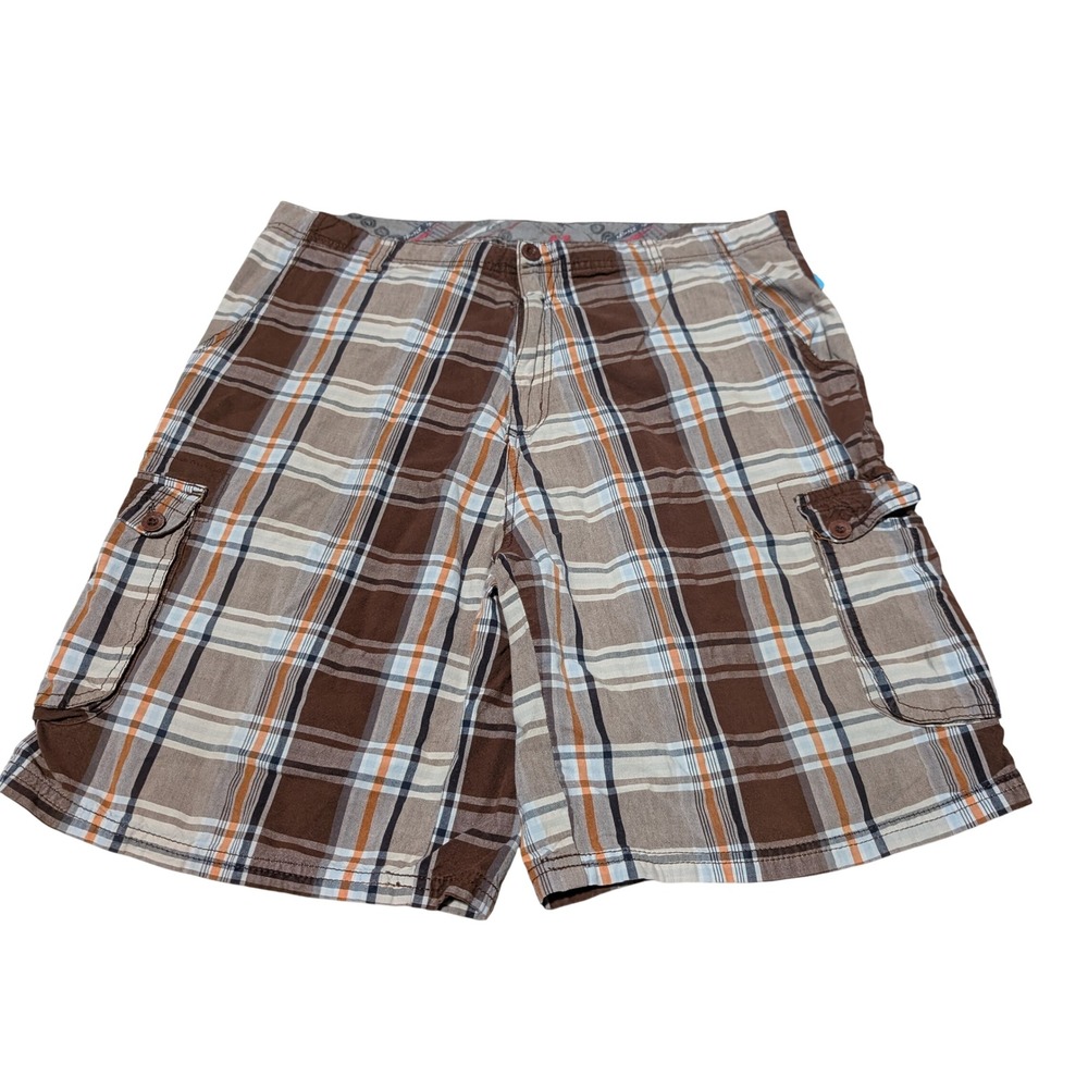 Airwalk Cargo‎ Shorts Mens 34 Brown Plaid Checkered Y2K Skater Utility Baggy Fit
